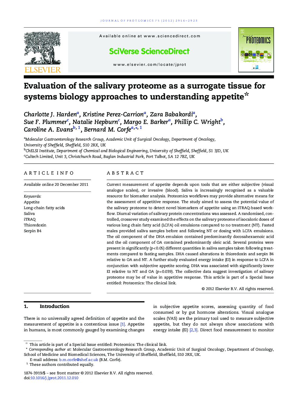 Evaluation of the salivary proteome as a surrogate tissue for systems biology approaches to understanding appetite 