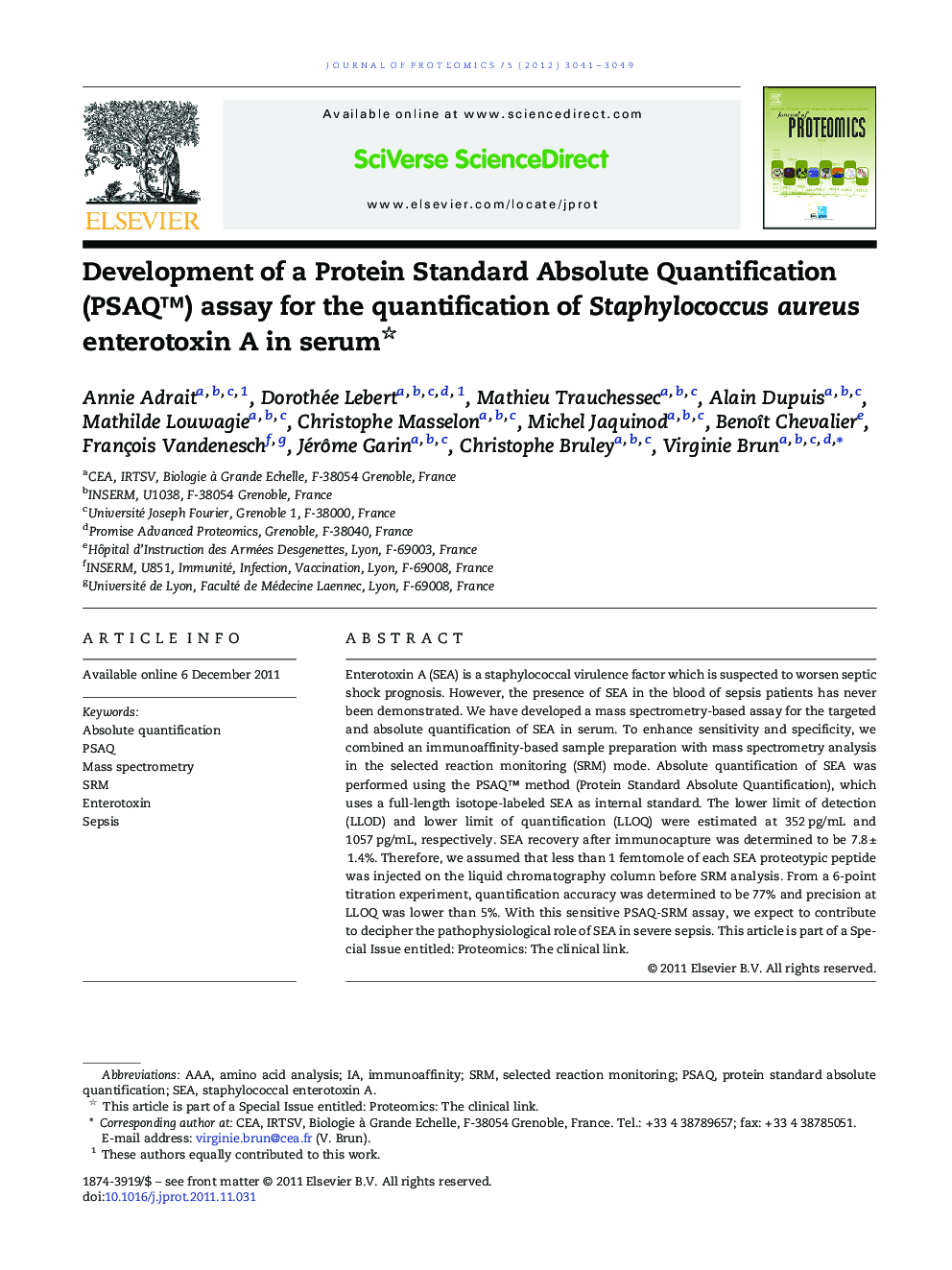Development of a Protein Standard Absolute Quantification (PSAQ™) assay for the quantification of Staphylococcus aureus enterotoxin A in serum 
