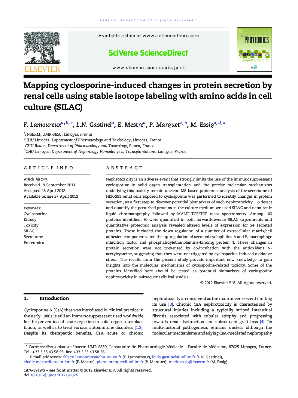 Mapping cyclosporine-induced changes in protein secretion by renal cells using stable isotope labeling with amino acids in cell culture (SILAC)