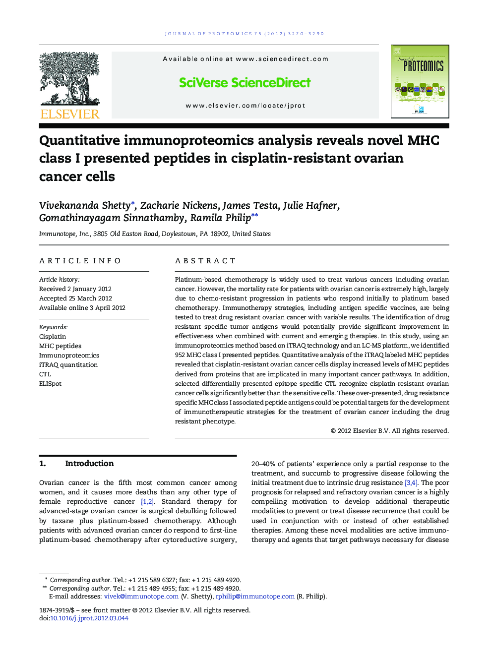 Quantitative immunoproteomics analysis reveals novel MHC class I presented peptides in cisplatin-resistant ovarian cancer cells