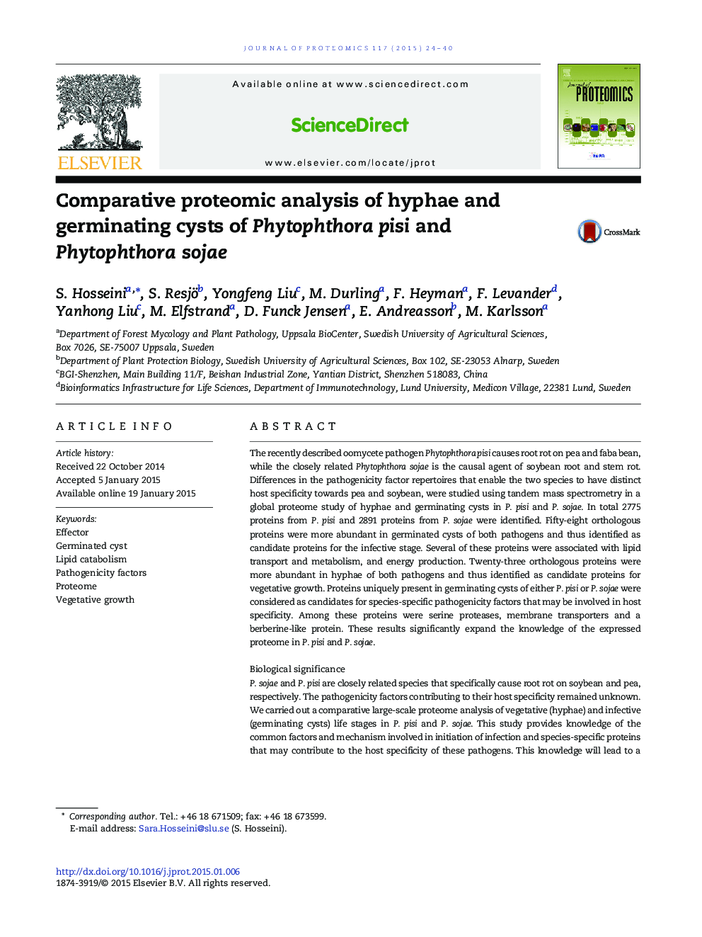 Comparative proteomic analysis of hyphae and germinating cysts of Phytophthora pisi and Phytophthora sojae