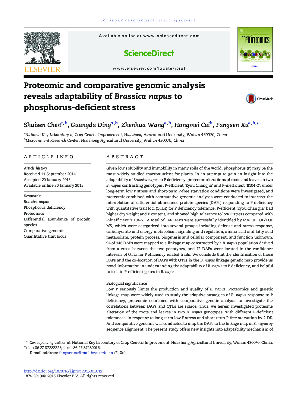 Proteomic and comparative genomic analysis reveals adaptability of Brassica napus to phosphorus-deficient stress