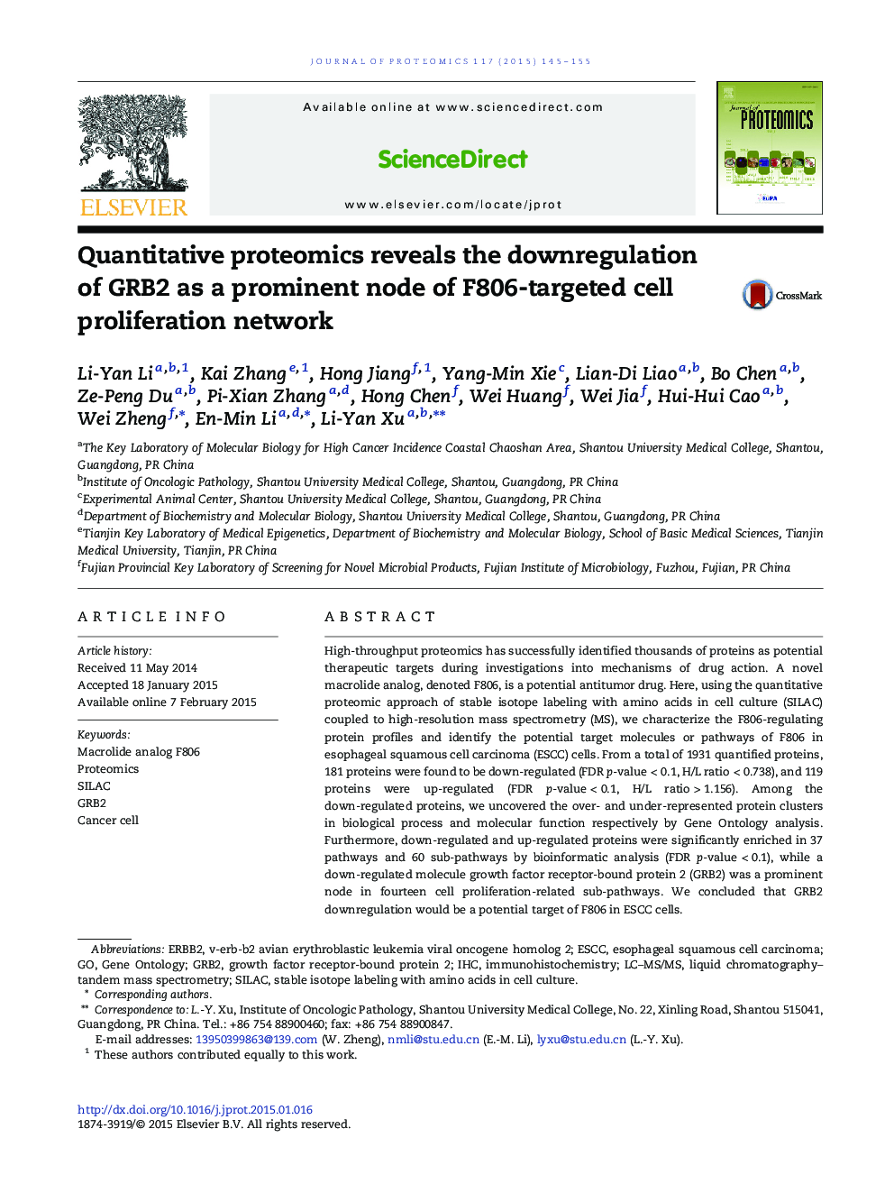 Quantitative proteomics reveals the downregulation of GRB2 as a prominent node of F806-targeted cell proliferation network
