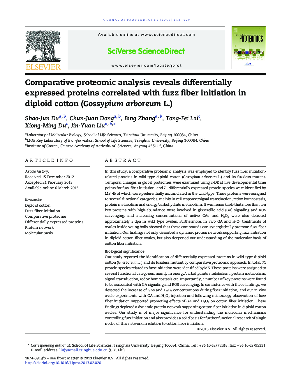 Comparative proteomic analysis reveals differentially expressed proteins correlated with fuzz fiber initiation in diploid cotton (Gossypium arboreum L.)