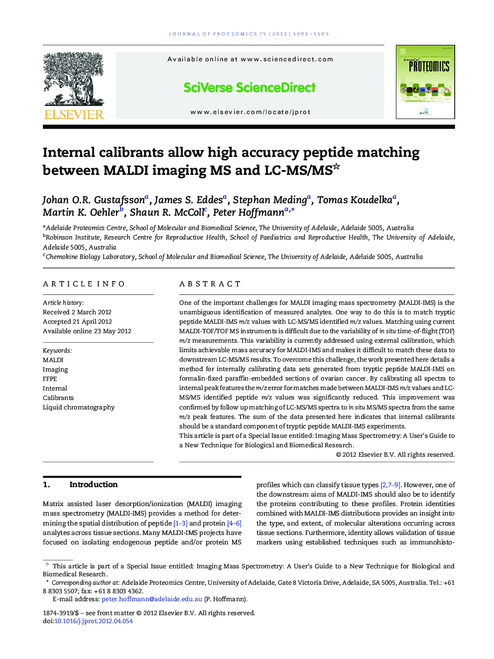Internal calibrants allow high accuracy peptide matching between MALDI imaging MS and LC-MS/MS 