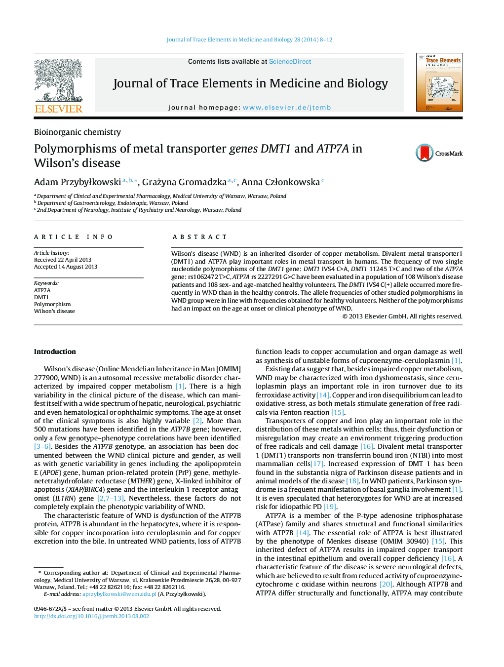 پلی‌مورفیسم های ژن‌های DMT1 و ATP7A ناقل فلزات در بیماری ویلسون