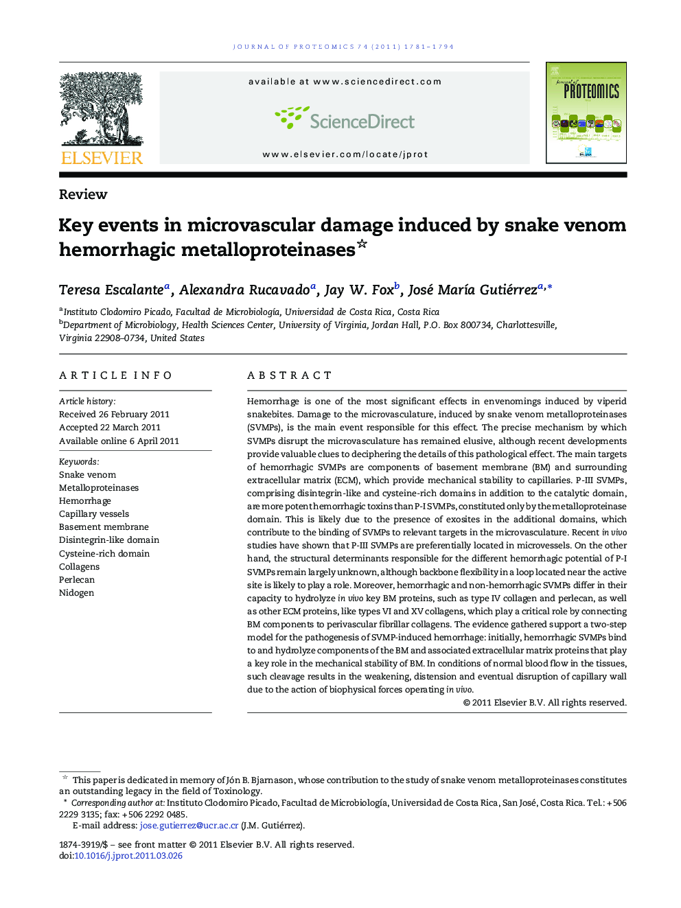 Key events in microvascular damage induced by snake venom hemorrhagic metalloproteinases 