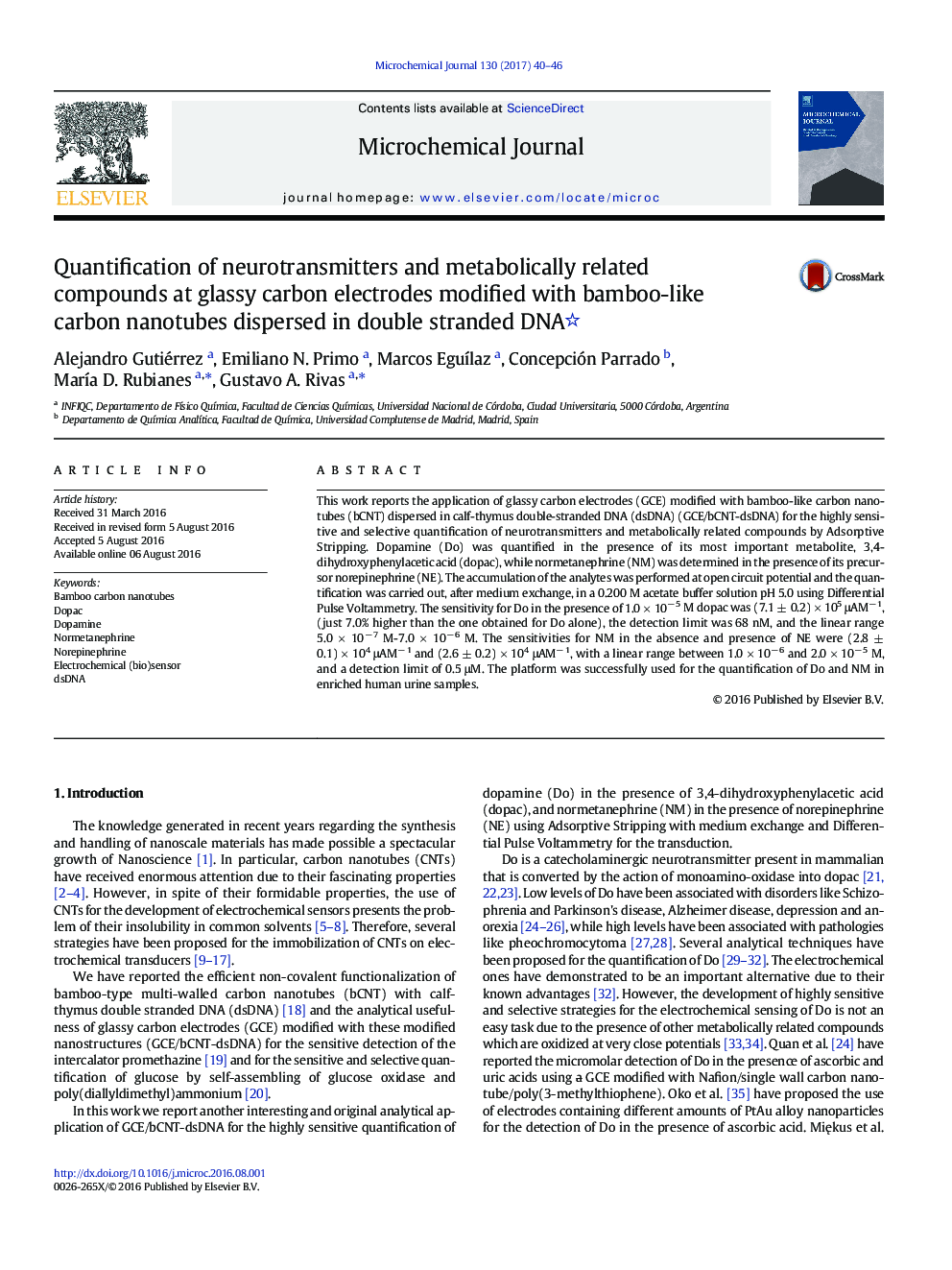 Quantification of neurotransmitters and metabolically related compounds at glassy carbon electrodes modified with bamboo-like carbon nanotubes dispersed in double stranded DNA