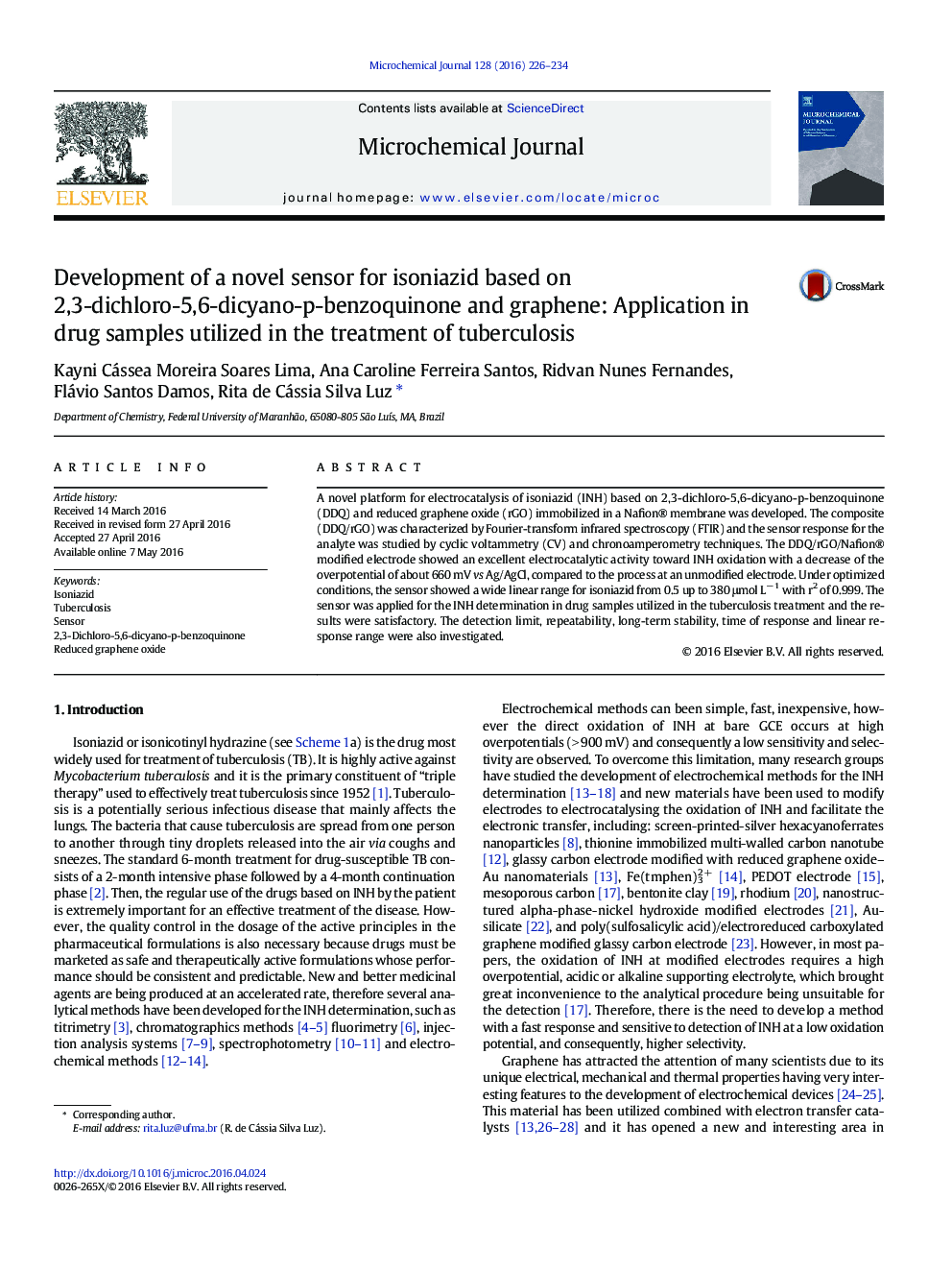 Development of a novel sensor for isoniazid based on 2,3-dichloro-5,6-dicyano-p-benzoquinone and graphene: Application in drug samples utilized in the treatment of tuberculosis