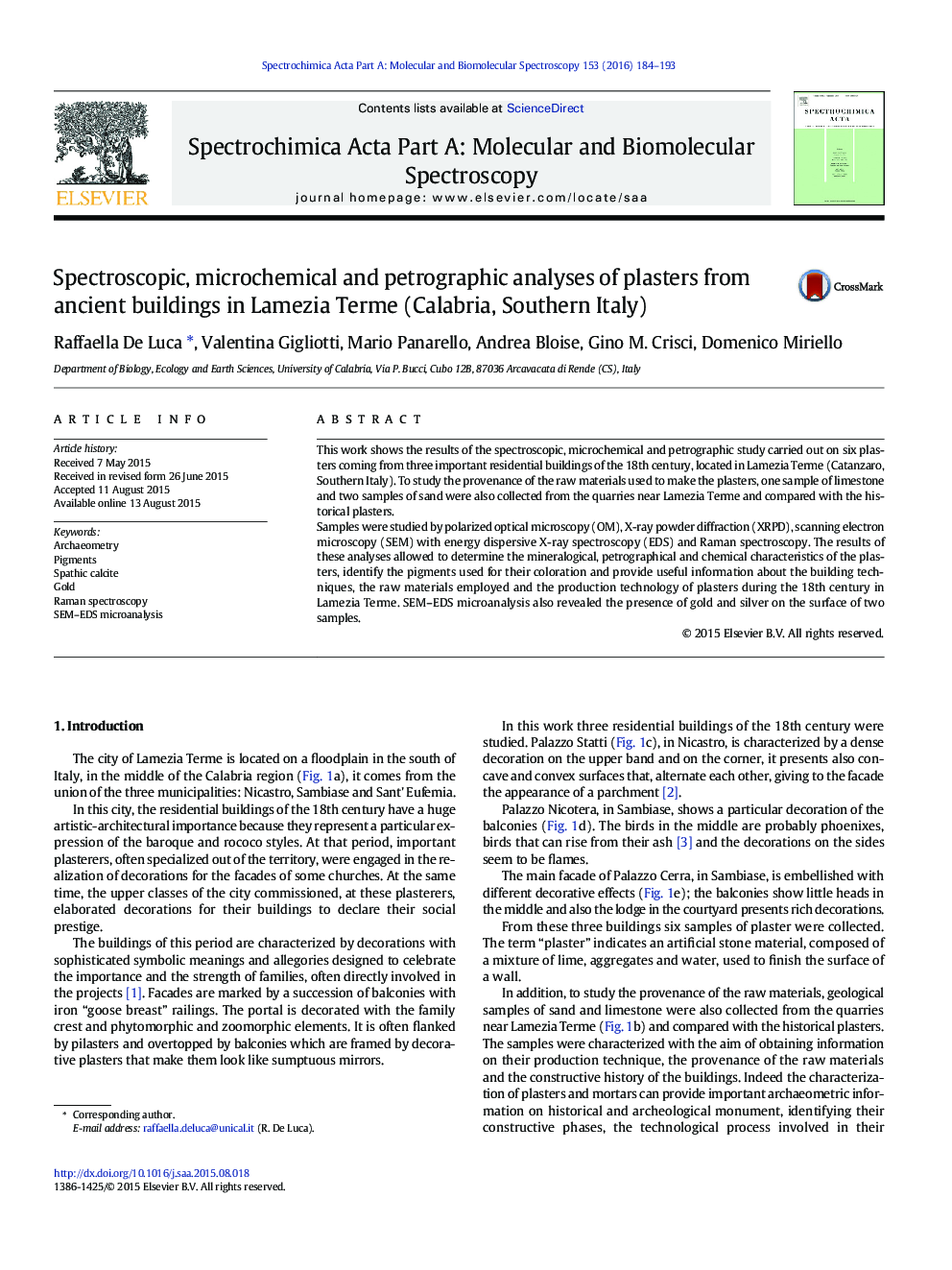 Spectroscopic, microchemical and petrographic analyses of plasters from ancient buildings in Lamezia Terme (Calabria, Southern Italy)