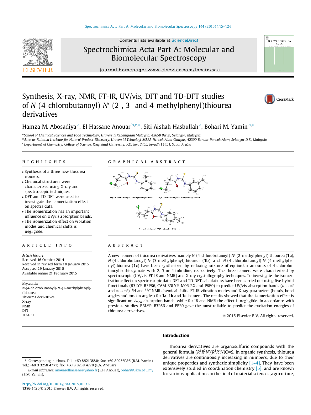 Synthesis, X-ray, NMR, FT-IR, UV/vis, DFT and TD-DFT studies of N-(4-chlorobutanoyl)-N′-(2-, 3- and 4-methylphenyl)thiourea derivatives