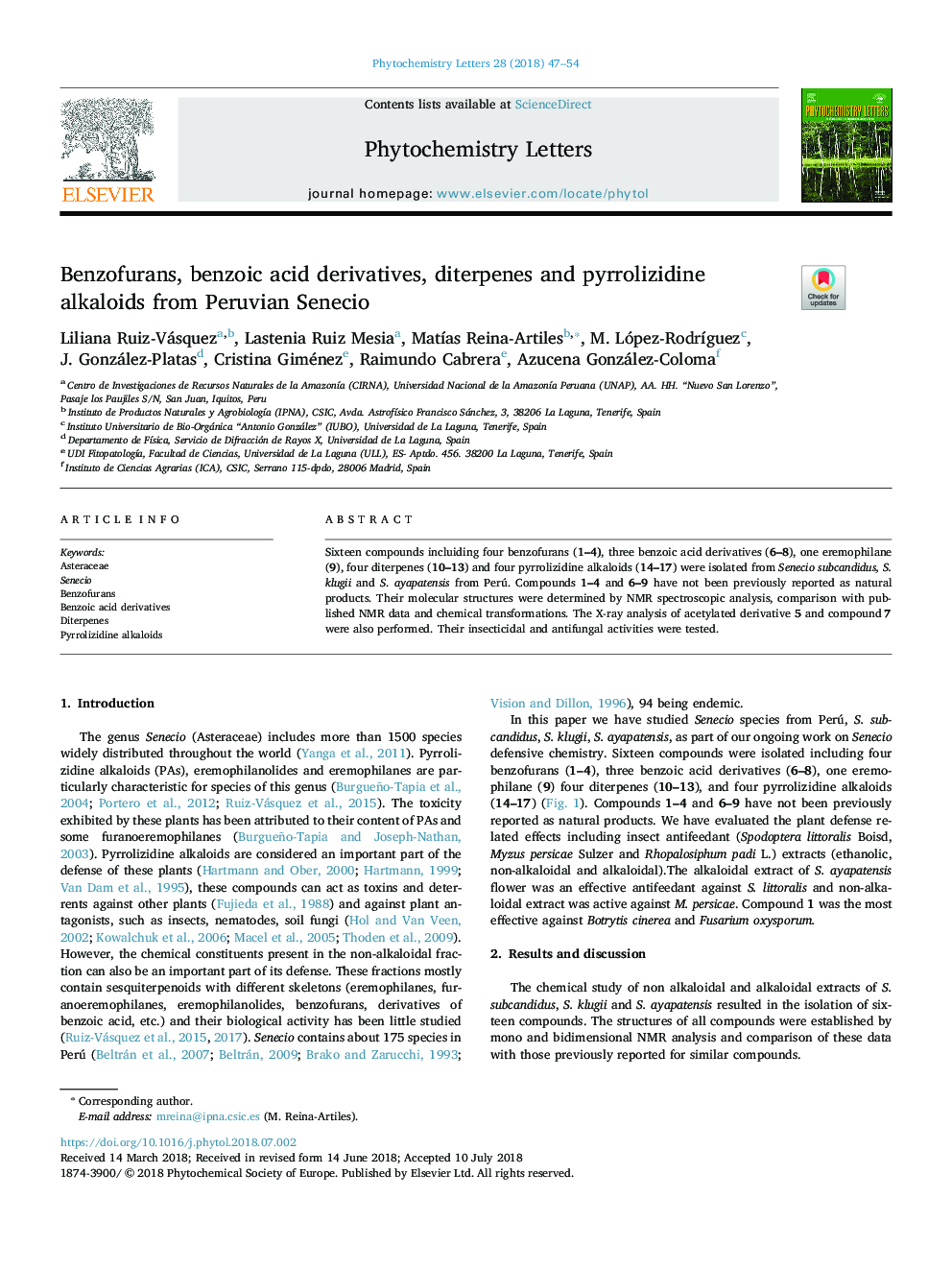Benzofurans, benzoic acid derivatives, diterpenes and pyrrolizidine alkaloids from Peruvian Senecio