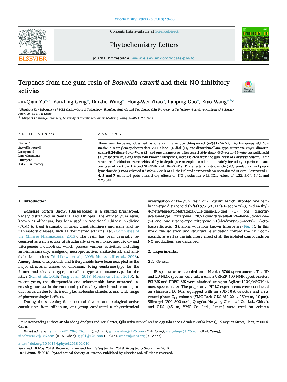 Terpenes from the gum resin of Boswellia carterii and their NO inhibitory activies