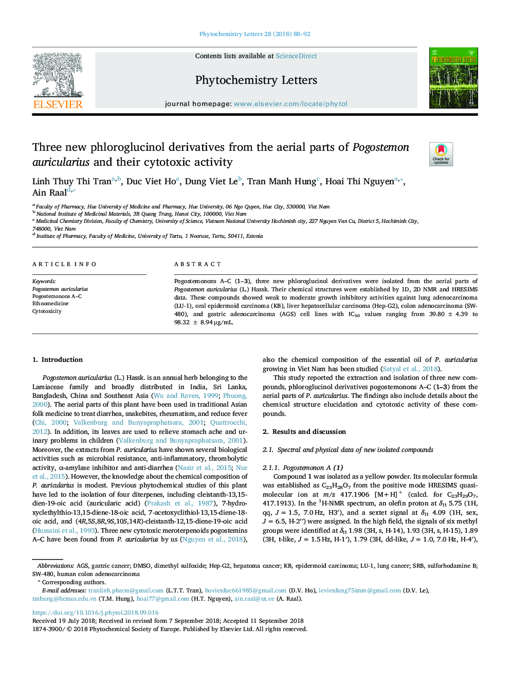 Three new phloroglucinol derivatives from the aerial parts of Pogostemon auricularius and their cytotoxic activity