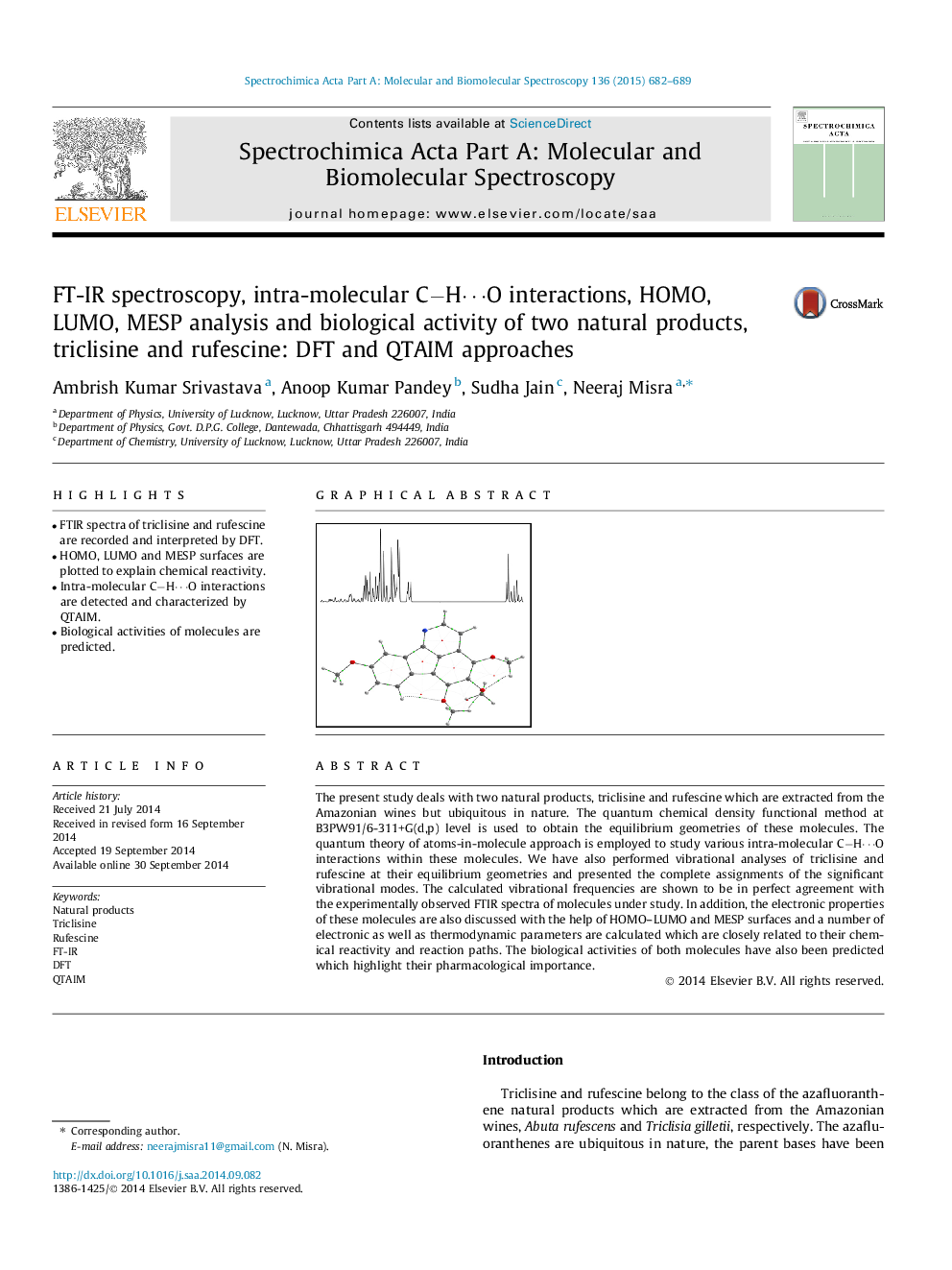 FT-IR spectroscopy, intra-molecular C−H⋯O interactions, HOMO, LUMO, MESP analysis and biological activity of two natural products, triclisine and rufescine: DFT and QTAIM approaches