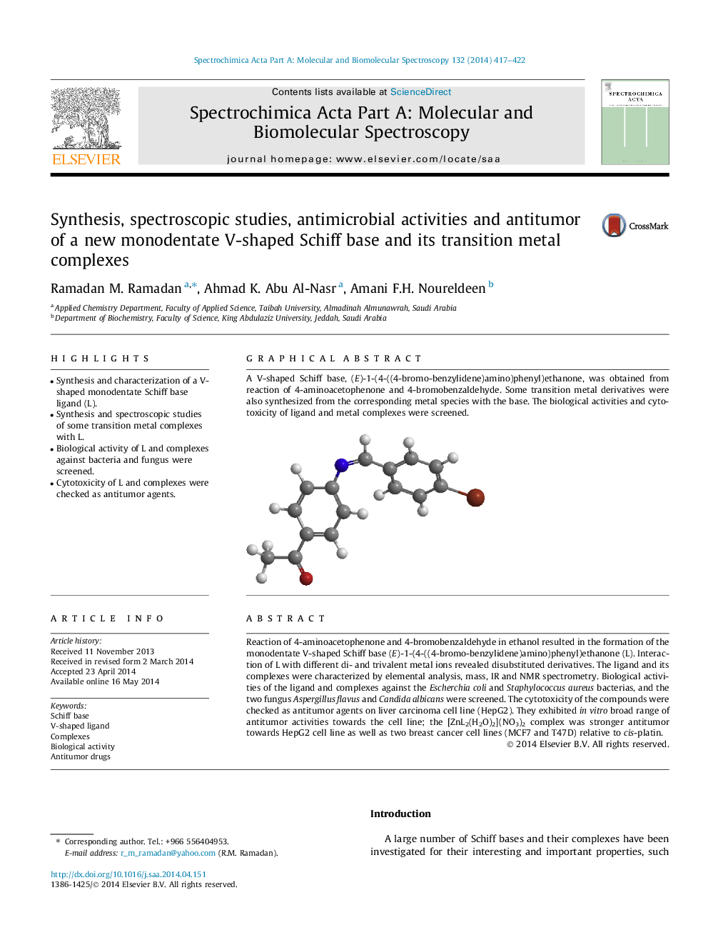 Synthesis, spectroscopic studies, antimicrobial activities and antitumor of a new monodentate V-shaped Schiff base and its transition metal complexes