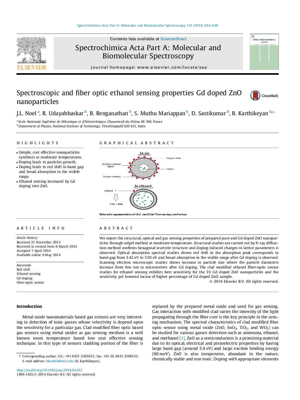 Spectroscopic and fiber optic ethanol sensing properties Gd doped ZnO nanoparticles