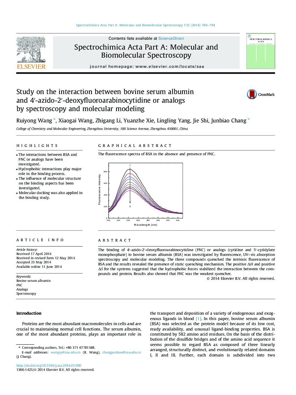 Study on the interaction between bovine serum albumin and 4′-azido-2′-deoxyfluoroarabinocytidine or analogs by spectroscopy and molecular modeling