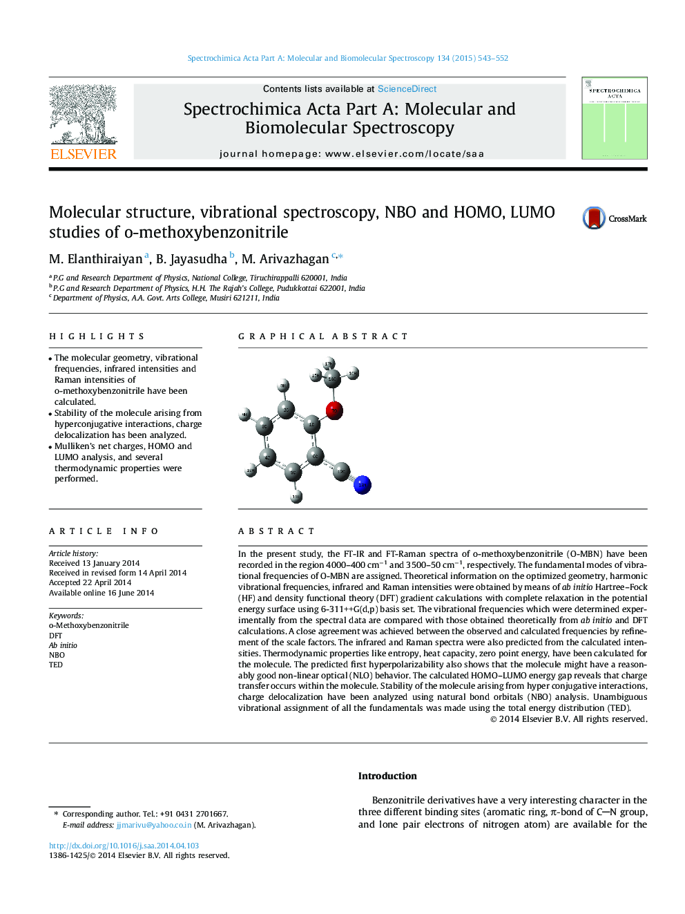 Molecular structure, vibrational spectroscopy, NBO and HOMO, LUMO studies of o-methoxybenzonitrile