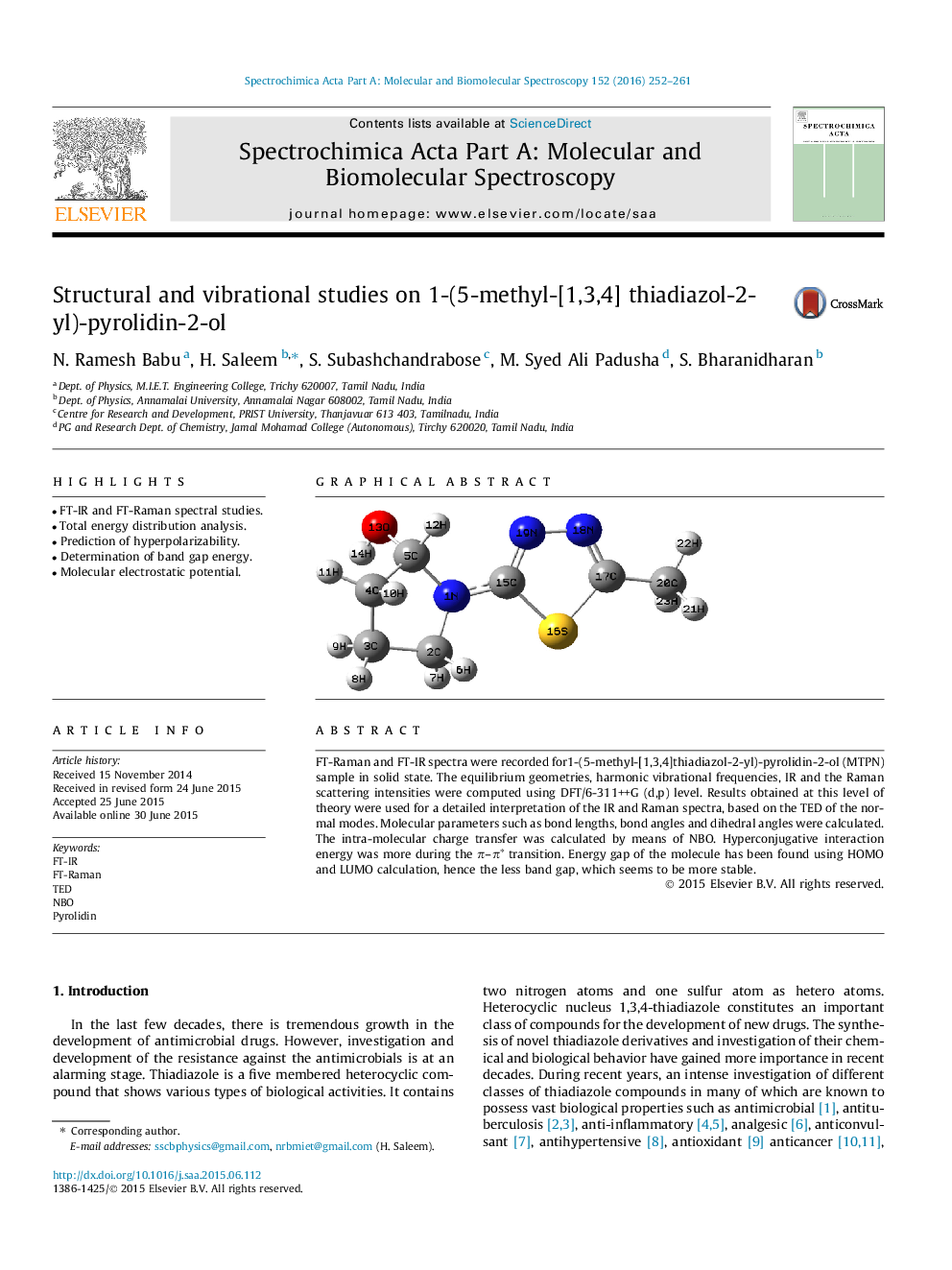مطالعات ساختاری و ارتعاشی در مورد 1- (5-متیل- [1،3،4] تیادیازول-2-ییل) -پرولیدین-2-یول 