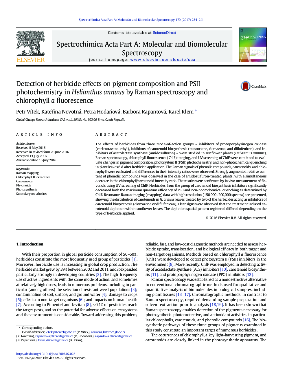 تشخیص اثرات علف کش بر ترکیب رنگدانه و فتوشیمی PSII در Helianthus annuus با طیف سنجی رامان و فلورسانس کلروفیل