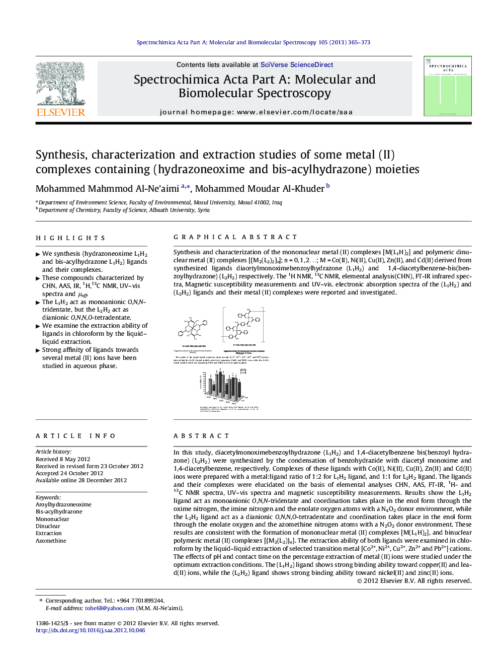Synthesis, characterization and extraction studies of some metal (II) complexes containing (hydrazoneoxime and bis-acylhydrazone) moieties
