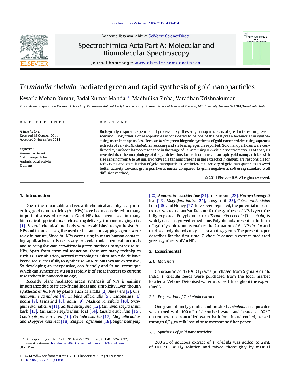 Terminalia chebula mediated green and rapid synthesis of gold nanoparticles