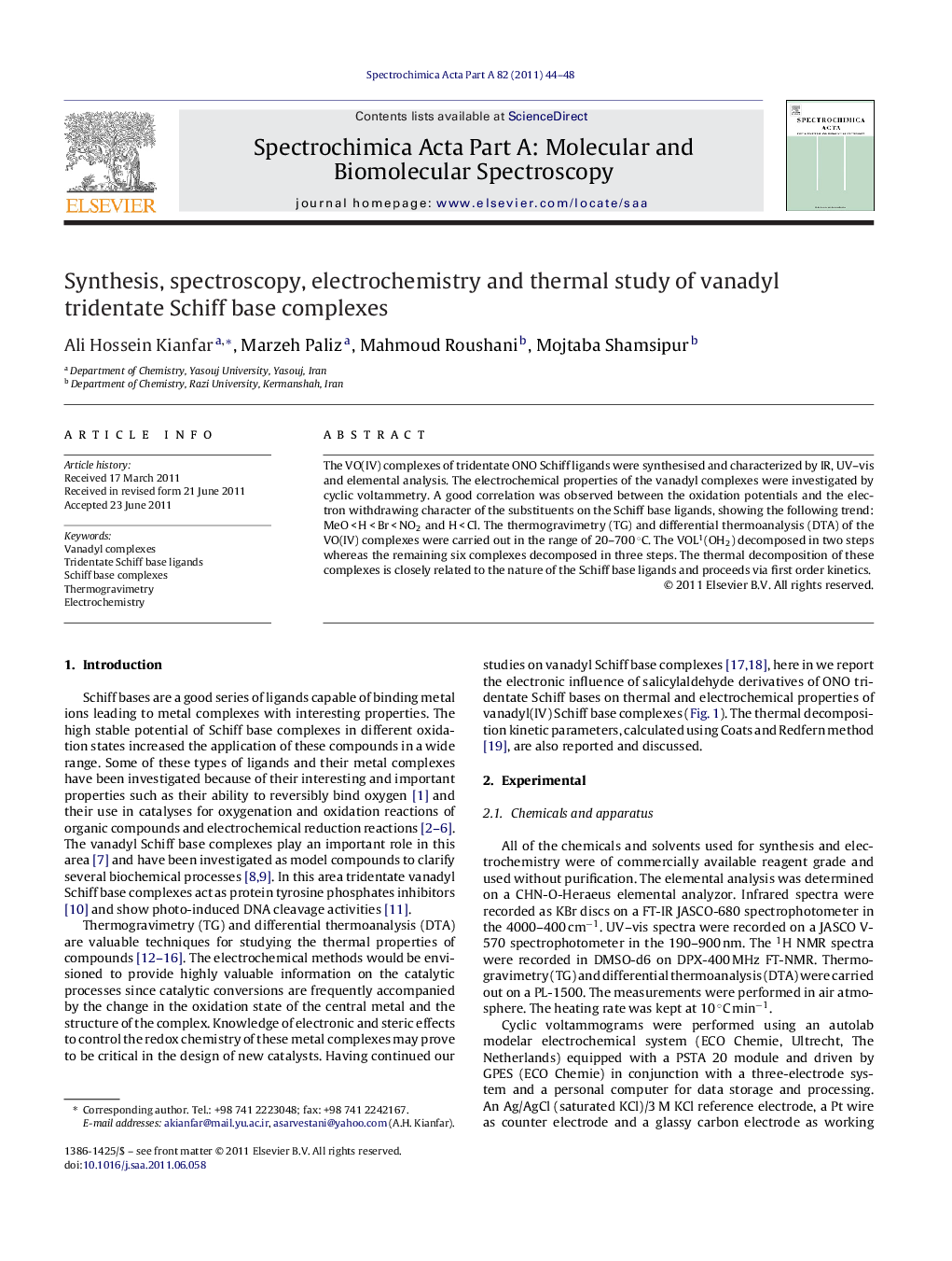 Synthesis, spectroscopy, electrochemistry and thermal study of vanadyl tridentate Schiff base complexes