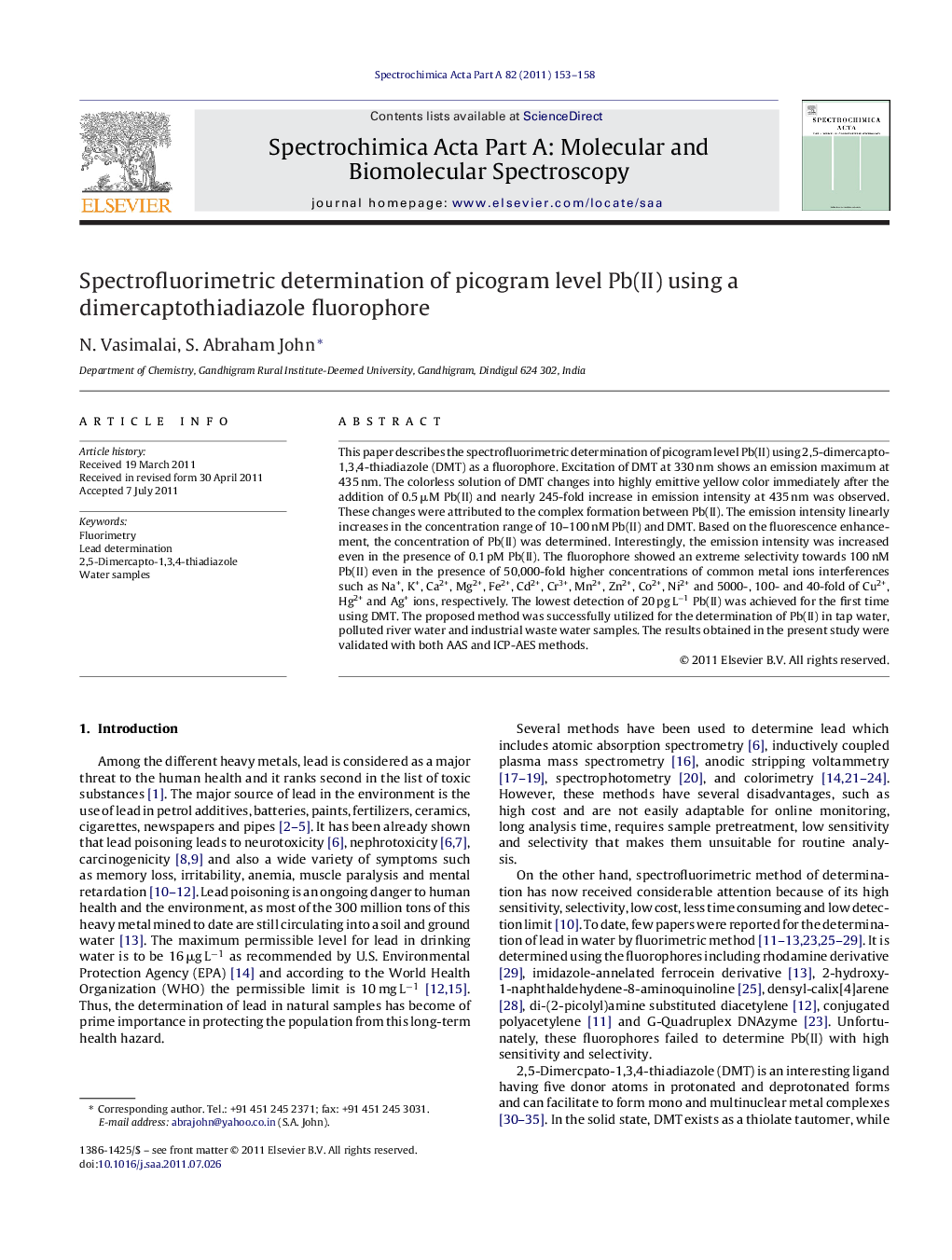 Spectrofluorimetric determination of picogram level Pb(II) using a dimercaptothiadiazole fluorophore