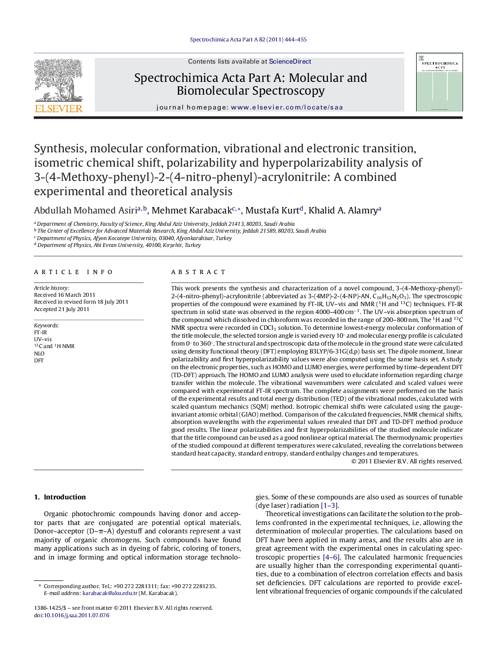 Synthesis, molecular conformation, vibrational and electronic transition, isometric chemical shift, polarizability and hyperpolarizability analysis of 3-(4-Methoxy-phenyl)-2-(4-nitro-phenyl)-acrylonitrile: A combined experimental and theoretical analysis