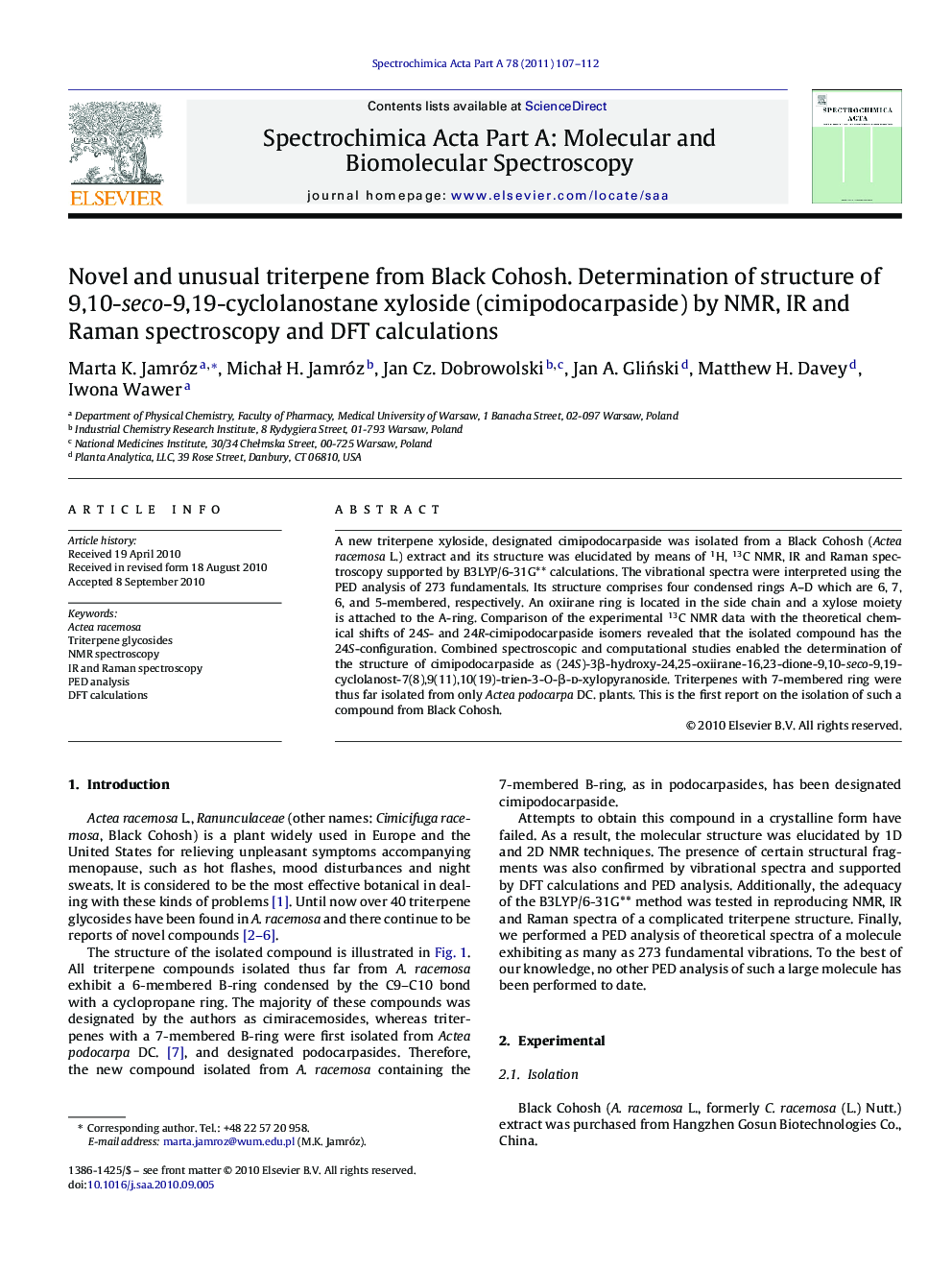 Novel and unusual triterpene from Black Cohosh. Determination of structure of 9,10-seco-9,19-cyclolanostane xyloside (cimipodocarpaside) by NMR, IR and Raman spectroscopy and DFT calculations