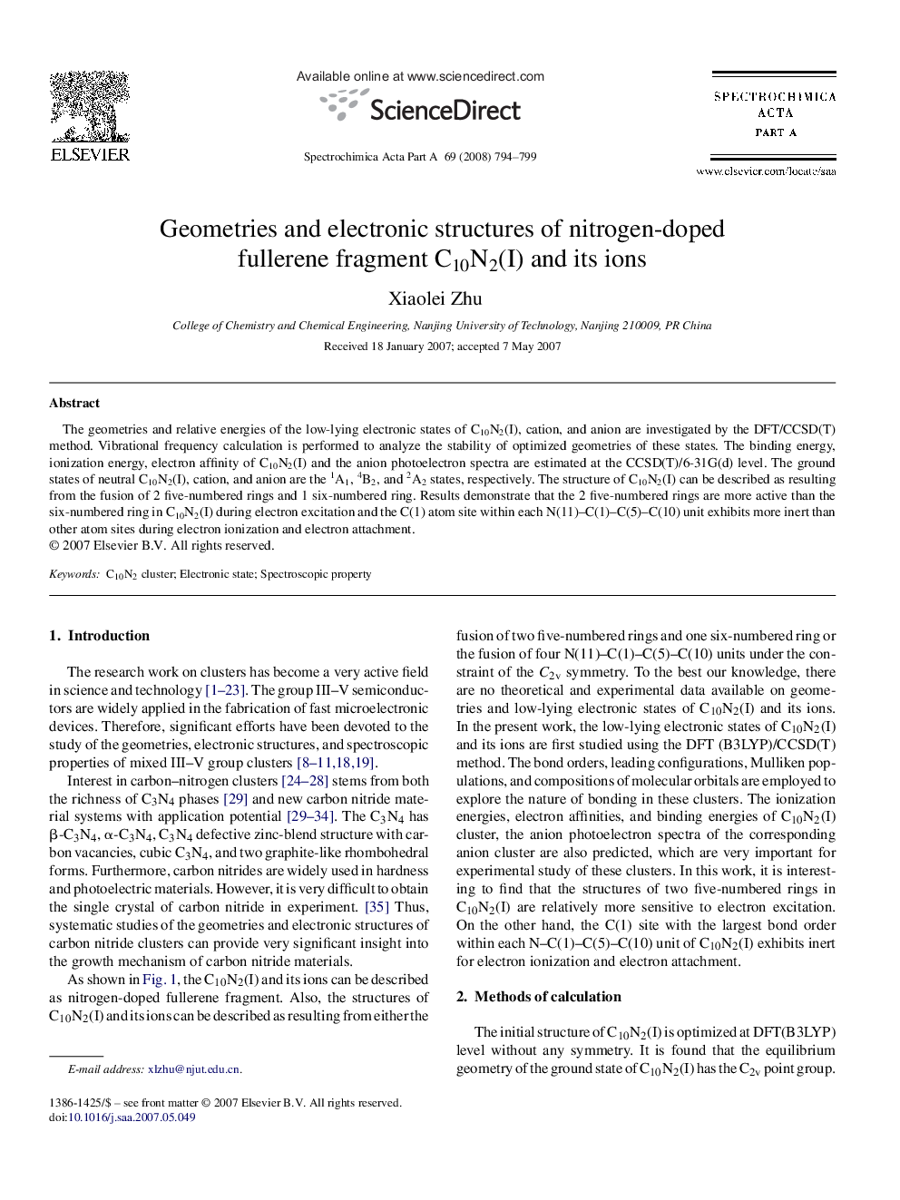 Geometries and electronic structures of nitrogen-doped fullerene fragment C10N2(I) and its ions