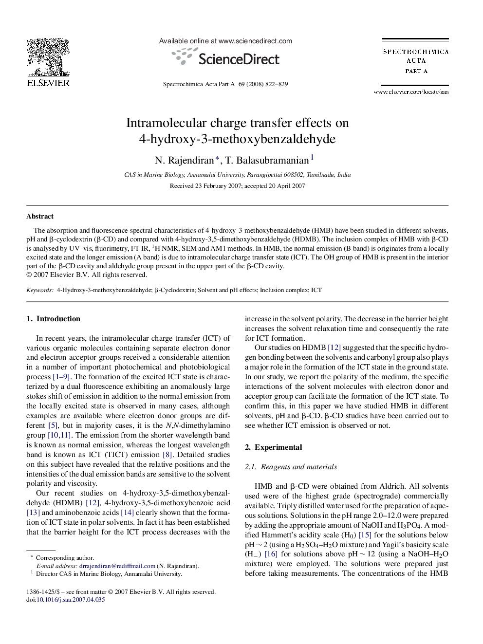 Intramolecular charge transfer effects on 4-hydroxy-3-methoxybenzaldehyde