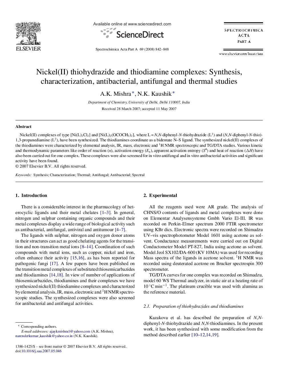 Nickel(II) thiohydrazide and thiodiamine complexes: Synthesis, characterization, antibacterial, antifungal and thermal studies