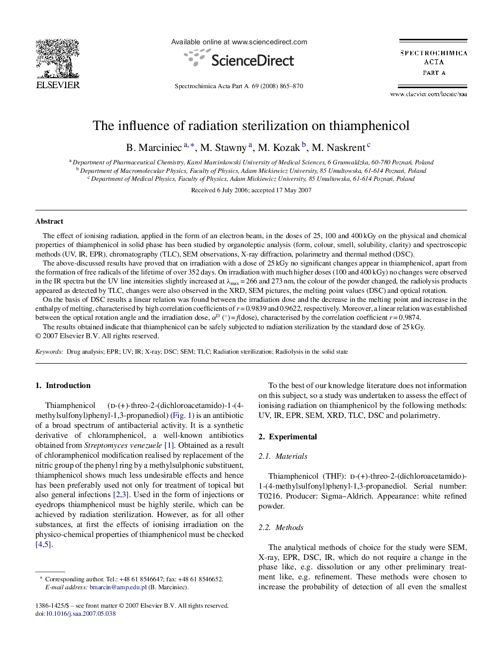 The influence of radiation sterilization on thiamphenicol