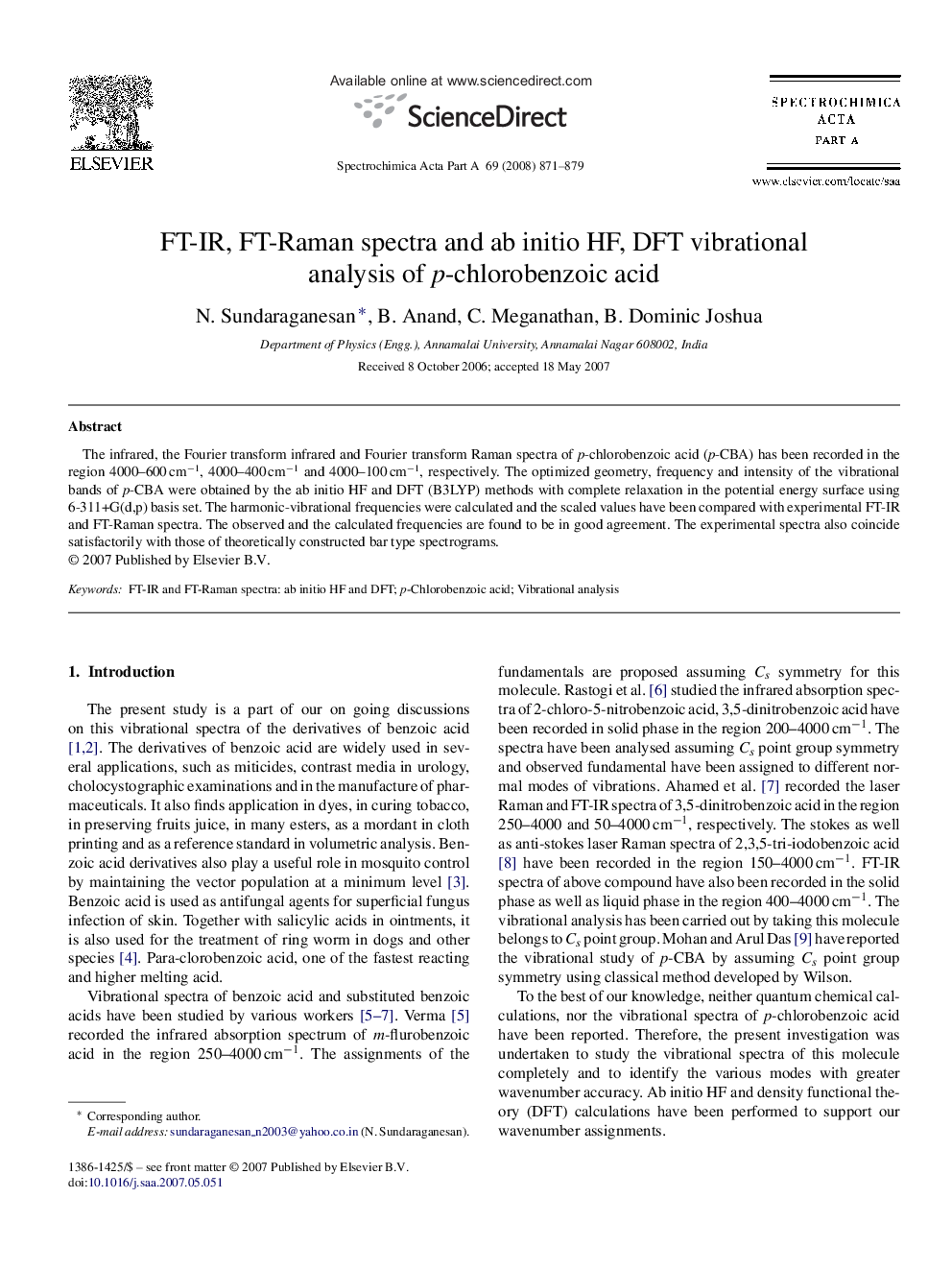 FT-IR, FT-Raman spectra and ab initio HF, DFT vibrational analysis of p-chlorobenzoic acid