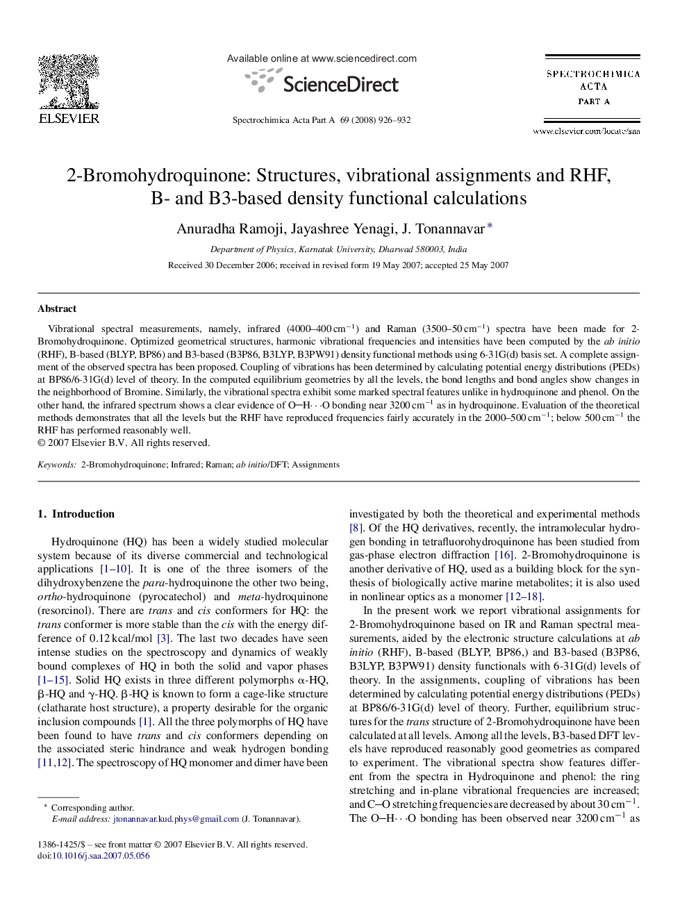 2-Bromohydroquinone: Structures, vibrational assignments and RHF, B- and B3-based density functional calculations