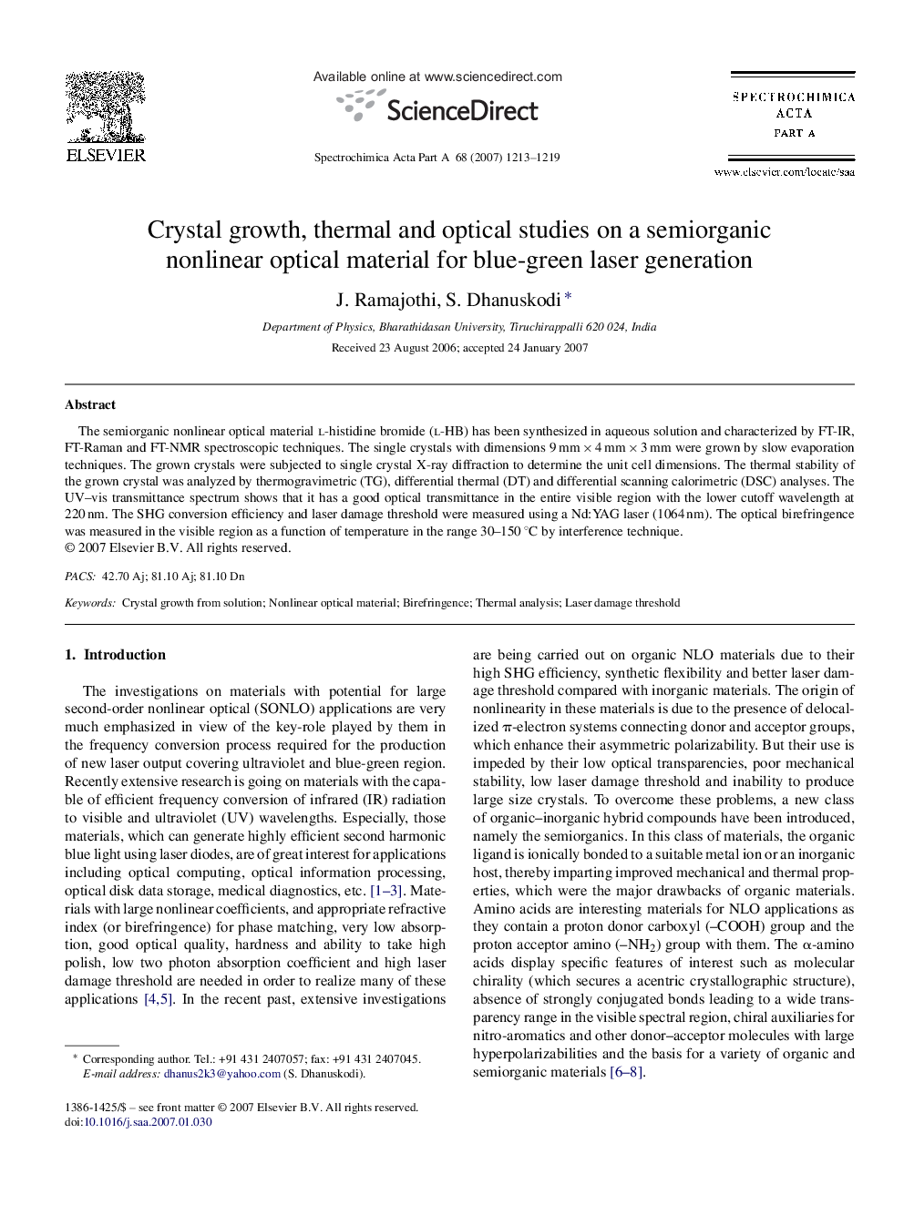 Crystal growth, thermal and optical studies on a semiorganic nonlinear optical material for blue-green laser generation