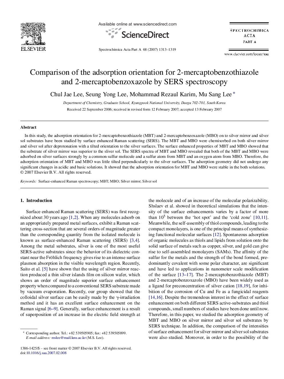 Comparison of the adsorption orientation for 2-mercaptobenzothiazole and 2-mercaptobenzoxazole by SERS spectroscopy
