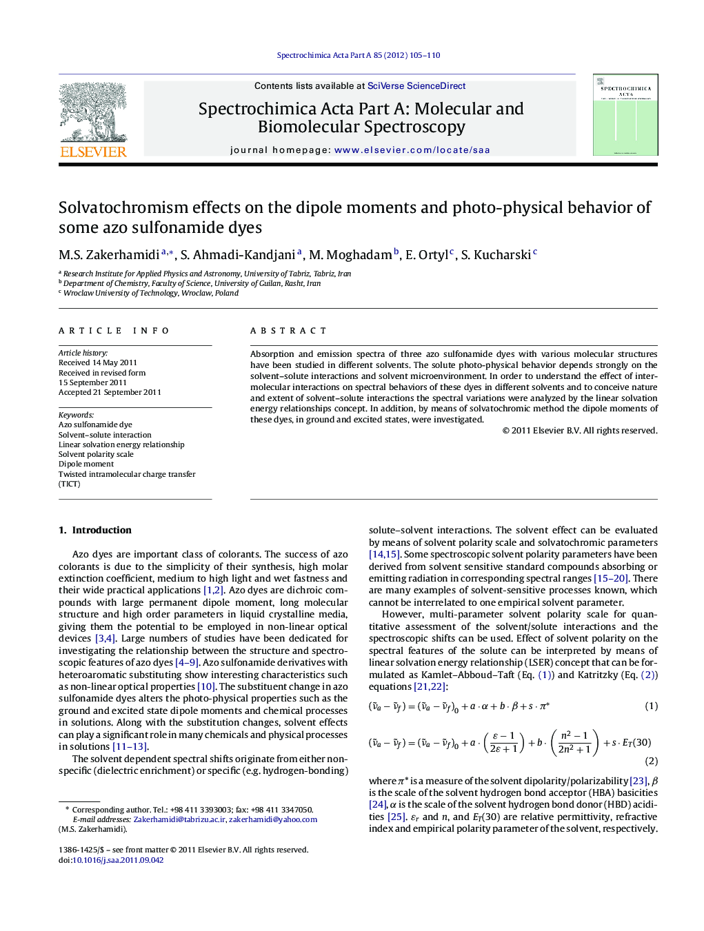 Solvatochromism effects on the dipole moments and photo-physical behavior of some azo sulfonamide dyes