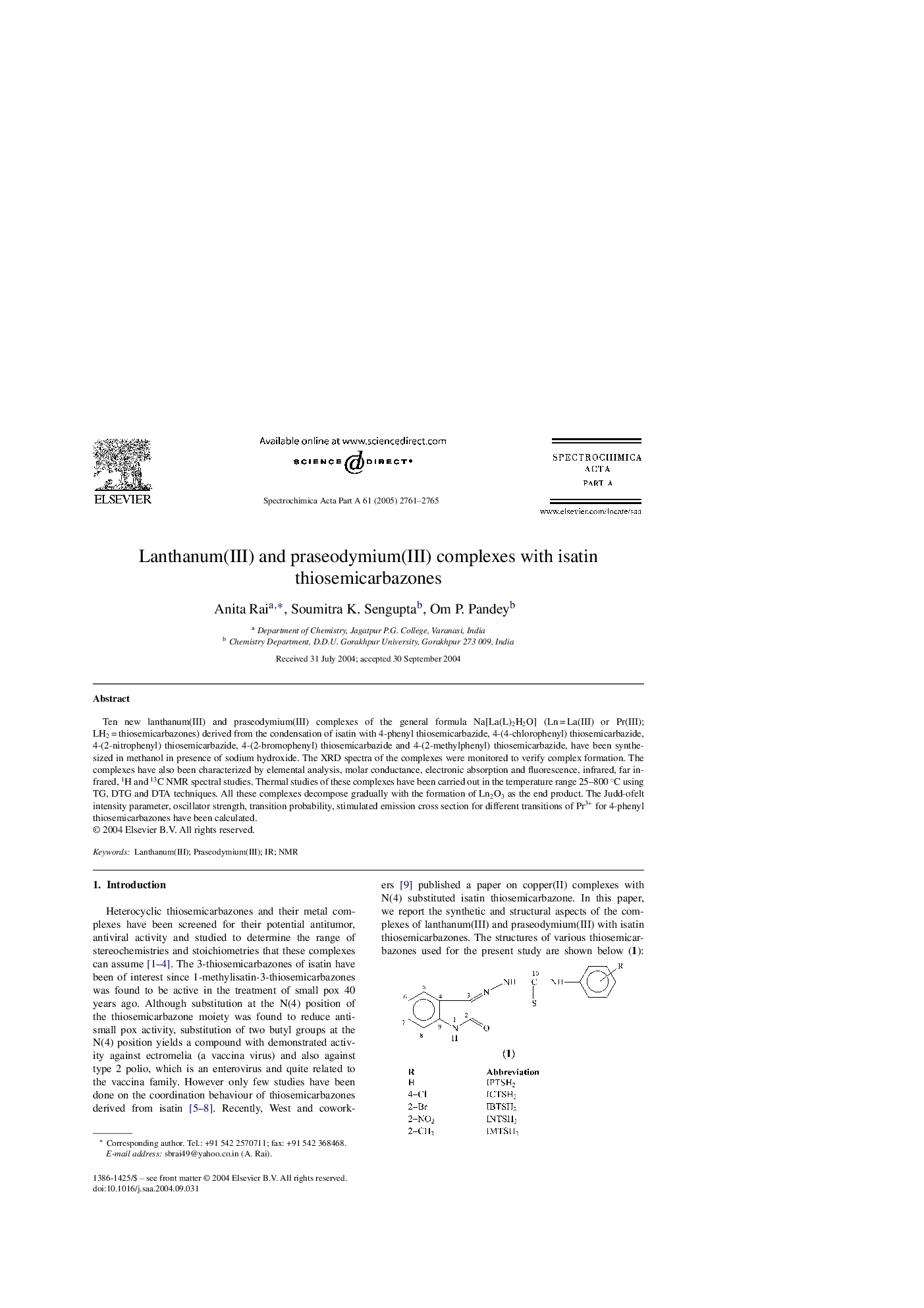 Lanthanum(III) and praseodymium(III) complexes with isatin thiosemicarbazones