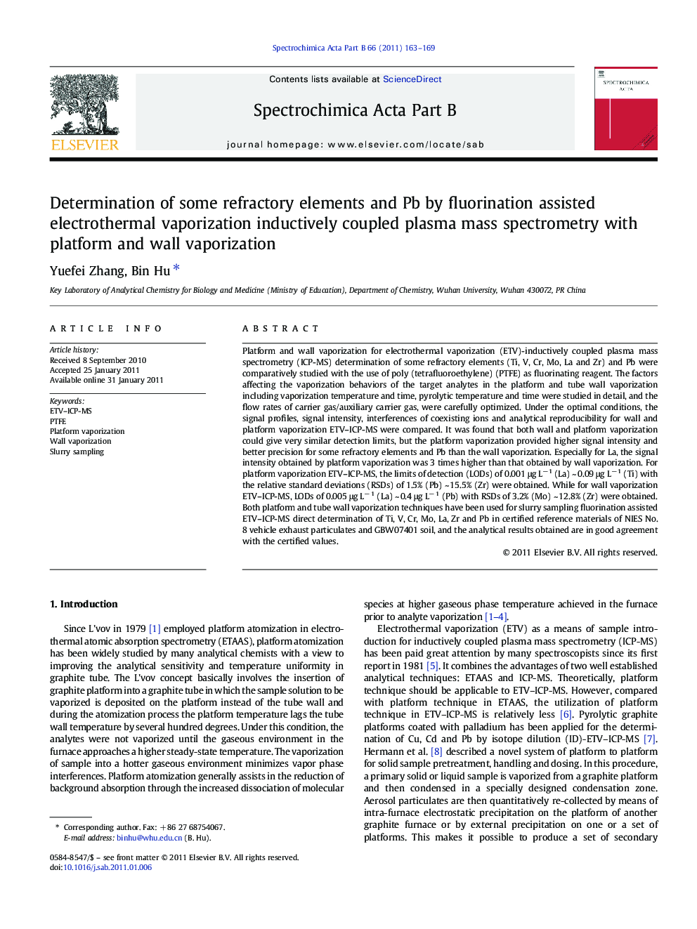 Determination of some refractory elements and Pb by fluorination assisted electrothermal vaporization inductively coupled plasma mass spectrometry with platform and wall vaporization