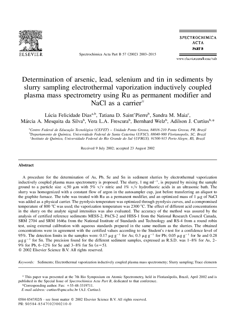 Determination of arsenic, lead, selenium and tin in sediments by slurry sampling electrothermal vaporization inductively coupled plasma mass spectrometry using Ru as permanent modifier and NaCl as a carrier 