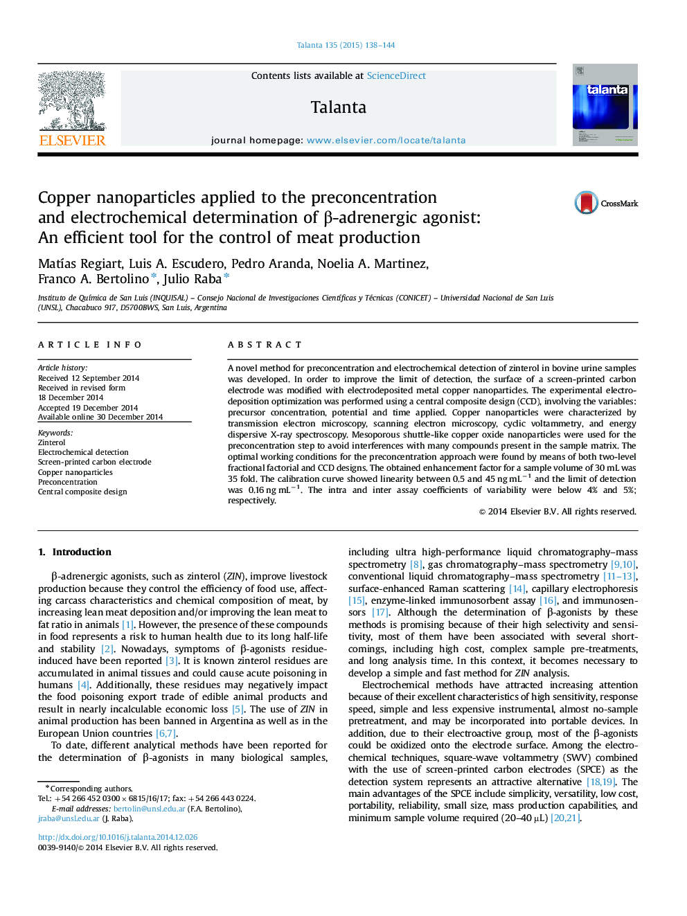 Copper nanoparticles applied to the preconcentration and electrochemical determination of β-adrenergic agonist: An efficient tool for the control of meat production