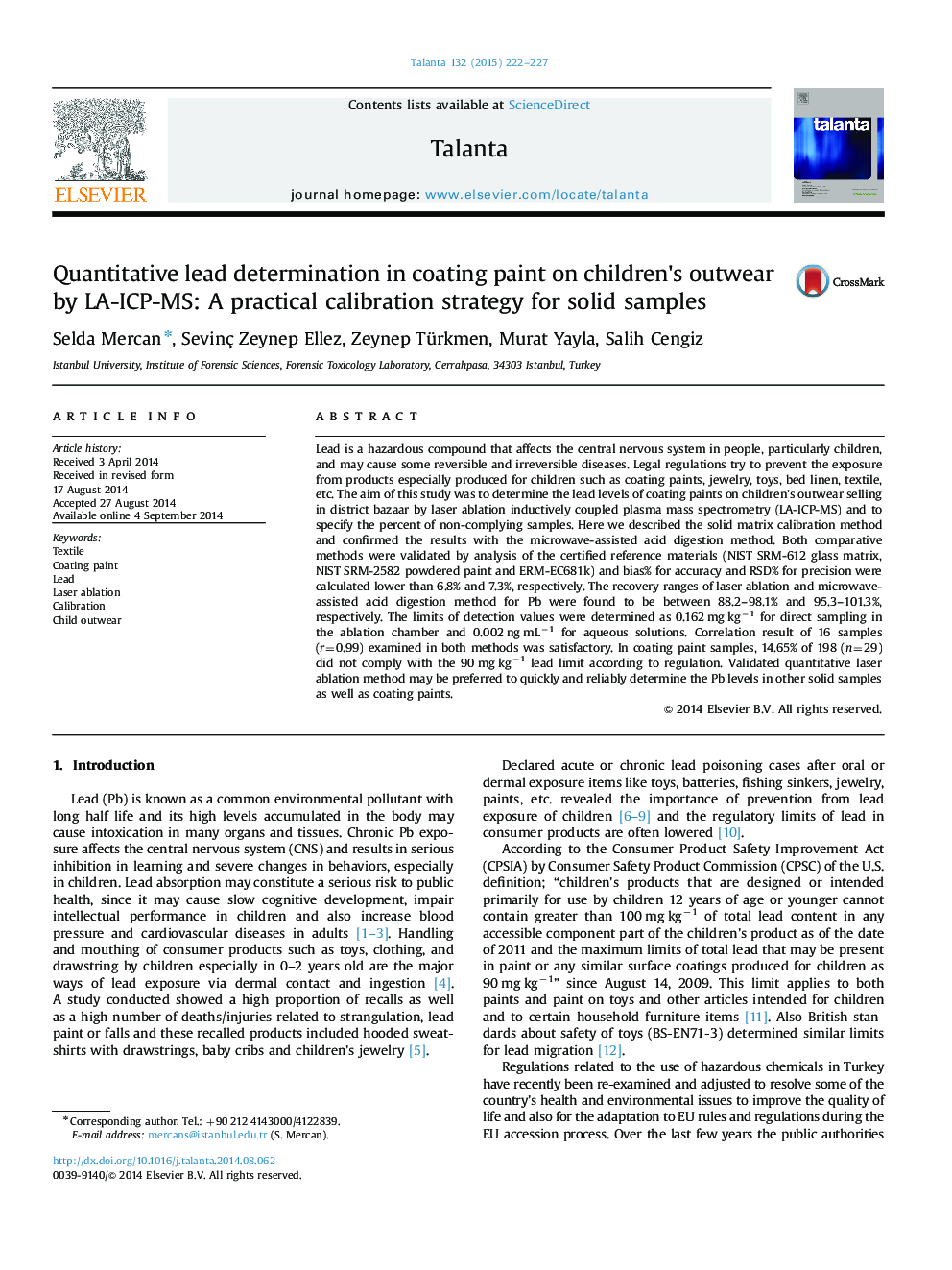 Quantitative lead determination in coating paint on children׳s outwear by LA-ICP-MS: A practical calibration strategy for solid samples