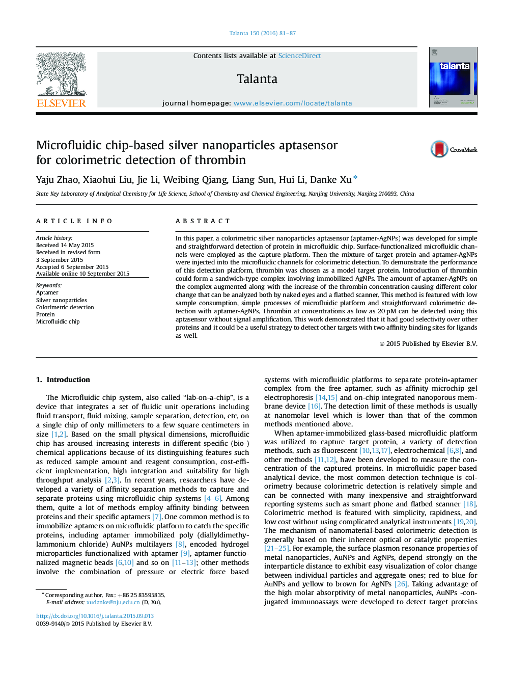 Microfluidic chip-based silver nanoparticles aptasensor for colorimetric detection of thrombin