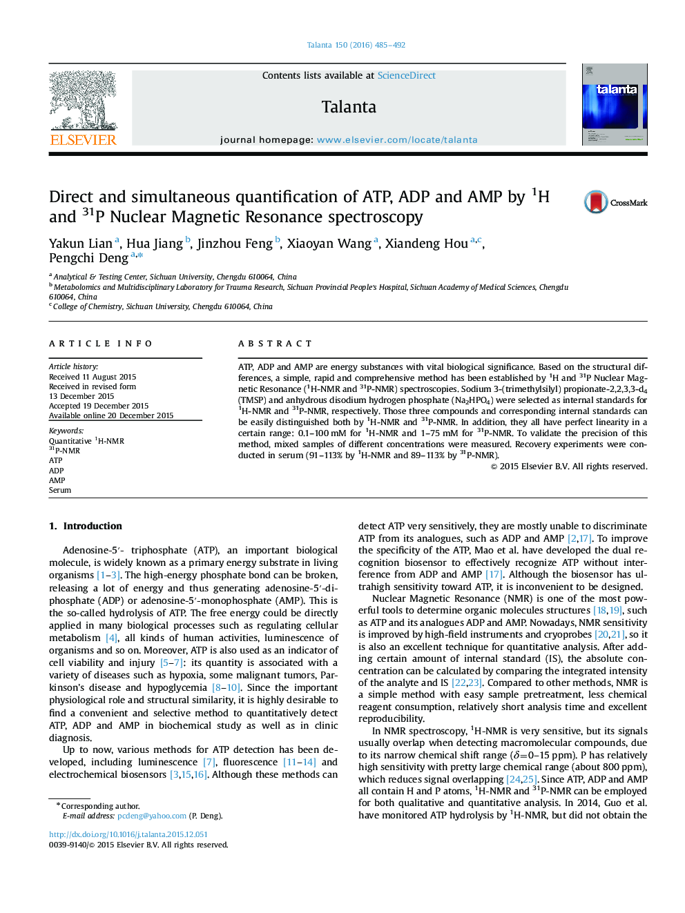 Direct and simultaneous quantification of ATP, ADP and AMP by 1H and 31P Nuclear Magnetic Resonance spectroscopy