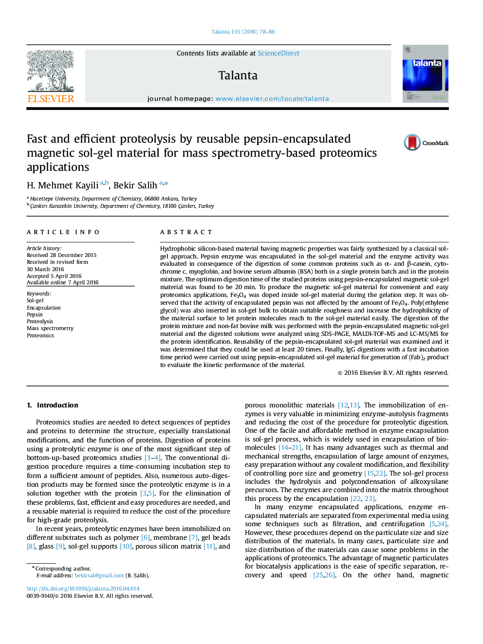 پروتئولیز سریع و کارآمد با استفاده از مواد سلول ژل مغناطیسی پپسین قابل استفاده مجدد برای برنامه های پروتئومیک مبتنی بر طیف سنجی جرمی 