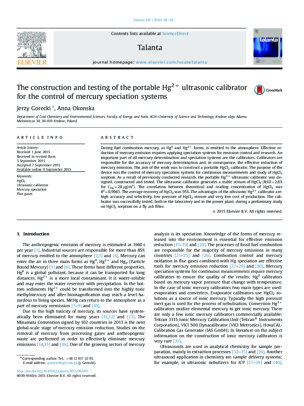 The construction and testing of the portable Hg2+ ultrasonic calibrator for the control of mercury speciation systems