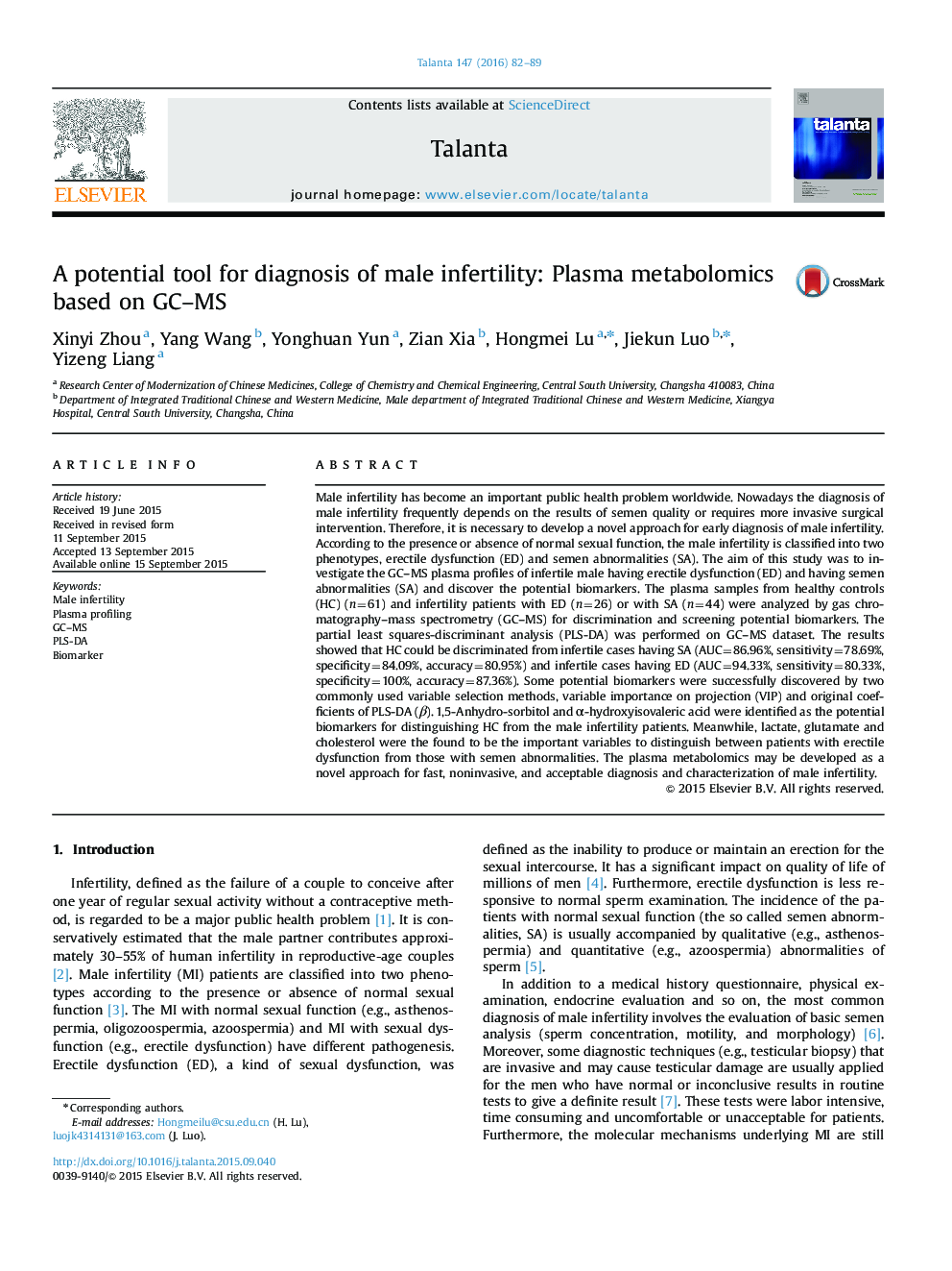 A potential tool for diagnosis of male infertility: Plasma metabolomics based on GC–MS